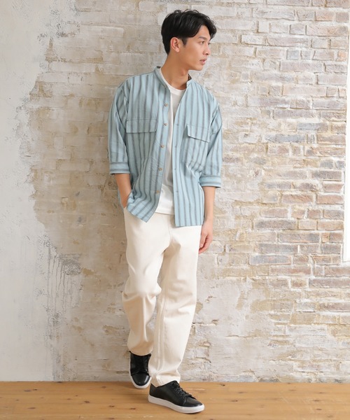 UNION STATION（ユニオンステーション）の「スラブストライプ七分丈CPOバンドカラーシャツ（シャツ/ブラウス・メンズ・ベージュ/ブルー/ミント・LL/M/L）」の4枚目の写真