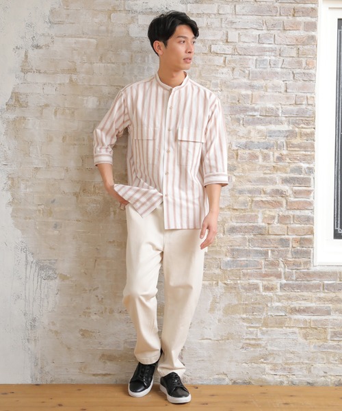 UNION STATION（ユニオンステーション）の「スラブストライプ七分丈CPOバンドカラーシャツ（シャツ/ブラウス・メンズ・ベージュ/ブルー/ミント・LL/M/L）」の5枚目の写真