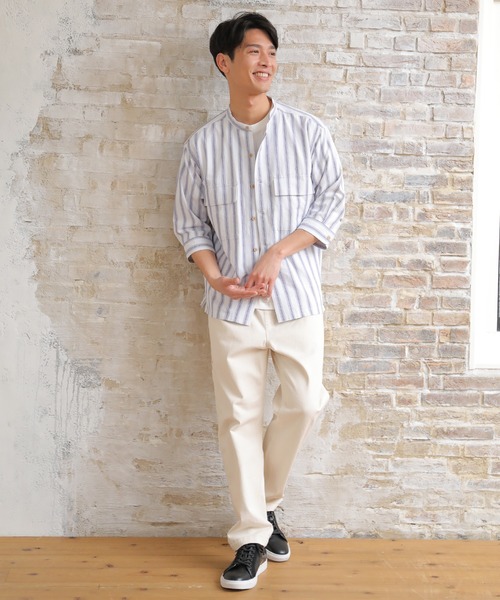 UNION STATION（ユニオンステーション）の「スラブストライプ七分丈CPOバンドカラーシャツ（シャツ/ブラウス・メンズ・ベージュ/ブルー/ミント・LL/M/L）」の6枚目の写真