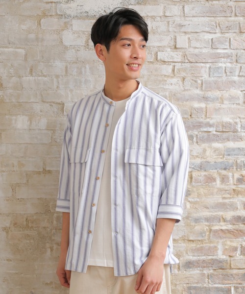 UNION STATION（ユニオンステーション）の「スラブストライプ七分丈CPOバンドカラーシャツ（シャツ/ブラウス・メンズ・ベージュ/ブルー/ミント・LL/M/L）」の7枚目の写真
