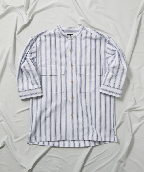 UNION STATION（ユニオンステーション）の「スラブストライプ七分丈CPOバンドカラーシャツ（シャツ/ブラウス・メンズ・ベージュ/ブルー/ミント・LL/M/L）」の8枚目の写真