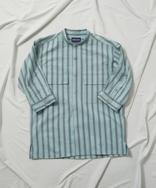UNION STATION（ユニオンステーション）の「スラブストライプ七分丈CPOバンドカラーシャツ（シャツ/ブラウス・メンズ・ベージュ/ブルー/ミント・LL/M/L）」の20枚目の写真