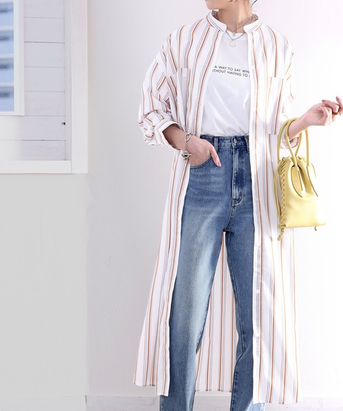 classicalelf（クラシカルエルフ）の「Happyストライプ！マキシ丈シャツワンピース（シャツワンピース・レディース・ベージュ/ネイビー/オレンジ/オフホワイト・SMALL/MEDIUM/LARGE/X-LARGE）」の4枚目の写真