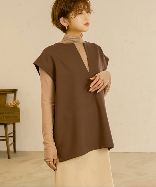 Ambre Neige（アンブルネージュ）の「シアーハイネックトップス／【WEB/EC限定商品】（Tシャツ/カットソー・レディース・ダークブラウン/ベージュ/ライトグリーン/アイボリー/モカ/ピンク/イエロー/ラベンダー/ブラック・FREE）」の15枚目の写真