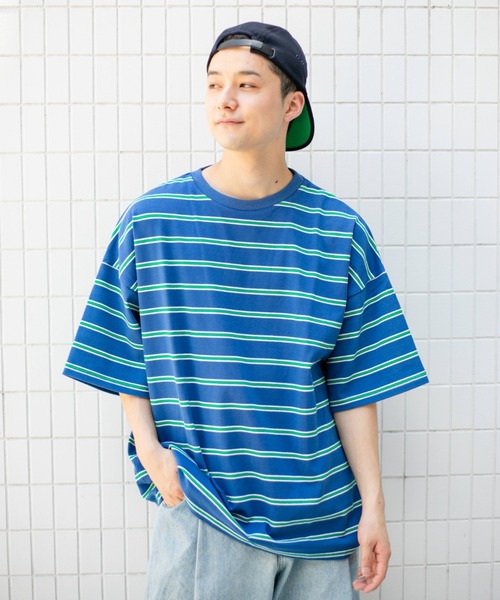 BROKEN BASE（ブロークンベース）の「オーバーサイズマルチボーダーT（Tシャツ/カットソー・メンズ・ブラック/ネイビー/オレンジ・LARGE/MEDIUM）」の21枚目の写真