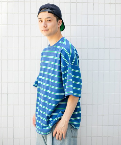 BROKEN BASE（ブロークンベース）の「オーバーサイズマルチボーダーT（Tシャツ/カットソー・メンズ・ブラック/ネイビー/オレンジ・LARGE/MEDIUM）」の22枚目の写真