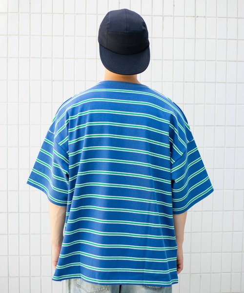 BROKEN BASE（ブロークンベース）の「オーバーサイズマルチボーダーT（Tシャツ/カットソー・メンズ・ブラック/ネイビー/オレンジ・LARGE/MEDIUM）」の5枚目の写真