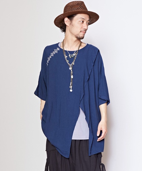 チャイハネ（チャイハネ）の「【チャイハネ】刺繍入り変形MEN'Sトップス＆タンクトップ2点セット（アンサンブル・メンズ・ホワイト/ブラック/ブラウン/ブルー/オリーブ/ネイビー/オレンジ/カーキ・FREE）」の7枚目の写真