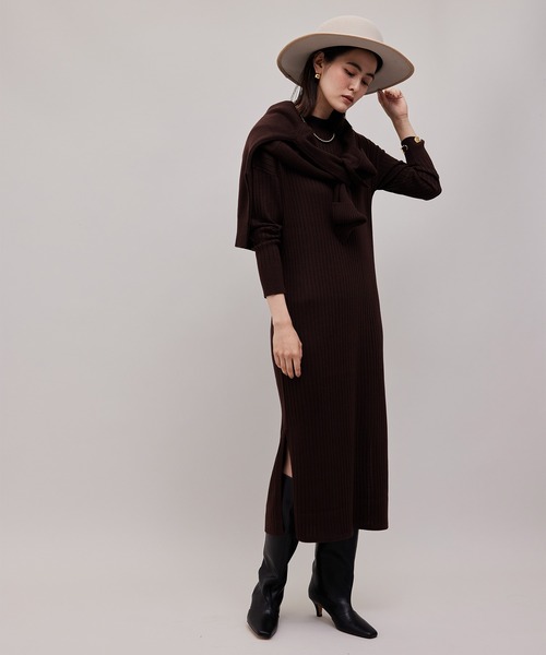 ROPE'（ロペ）の「【WEB限定】セット着用可能/リブニットスリットワンピース（ワンピース・レディース・ダークブラウン/ベージュ/ネイビー・38/36）」の9枚目の写真