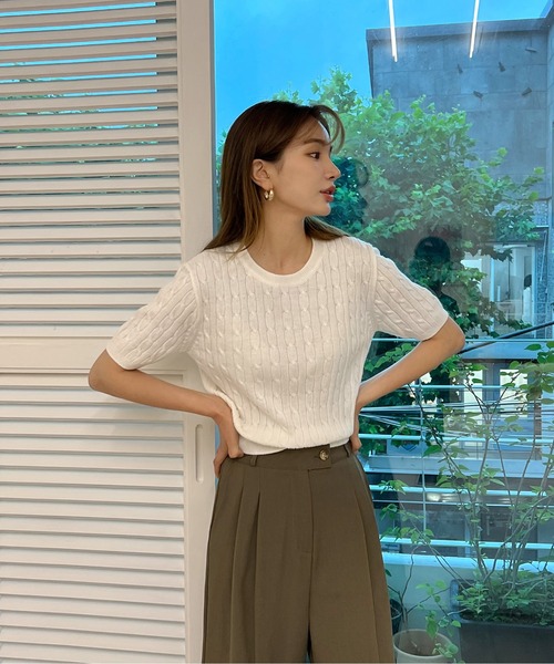 むくむくぷー です★美品★ピマコットン半袖ケーブルニット 6COLOR半袖ケーブルニット（ニット/セーター）｜by muni:r（バイ
