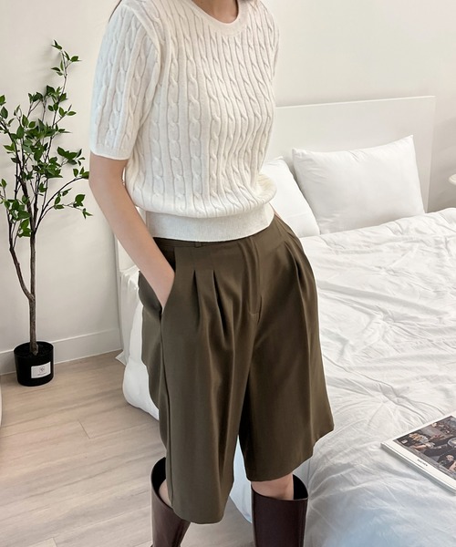 むくむくぷー です★美品★ピマコットン半袖ケーブルニット 6COLOR半袖ケーブルニット（ニット/セーター）｜by muni:r（バイ