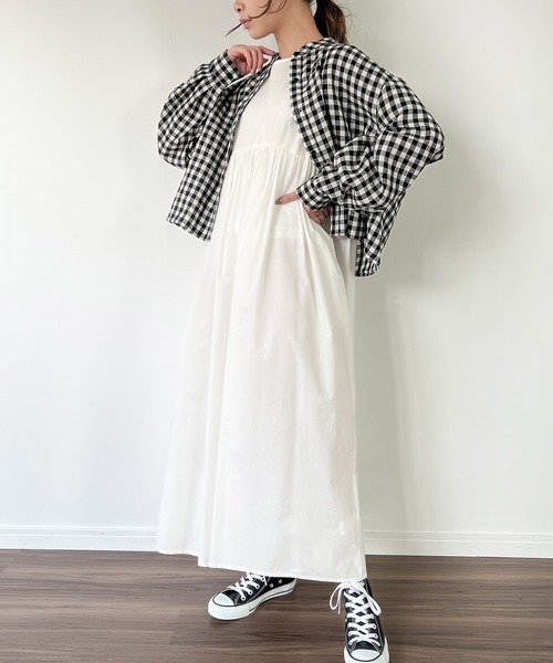 JUNOAH（ジュノア）の「スタンドカラーチェックショートシャツ（シャツ/ブラウス・レディース・グリーン/ブラウン系その他/ブラック/ブラウン・LARGE/SMALL/X-LARGE/MEDIUM）」の6枚目の写真