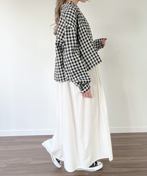 JUNOAH（ジュノア）の「スタンドカラーチェックショートシャツ（シャツ/ブラウス・レディース・グリーン/ブラウン系その他/ブラック/ブラウン・LARGE/SMALL/X-LARGE/MEDIUM）」の7枚目の写真