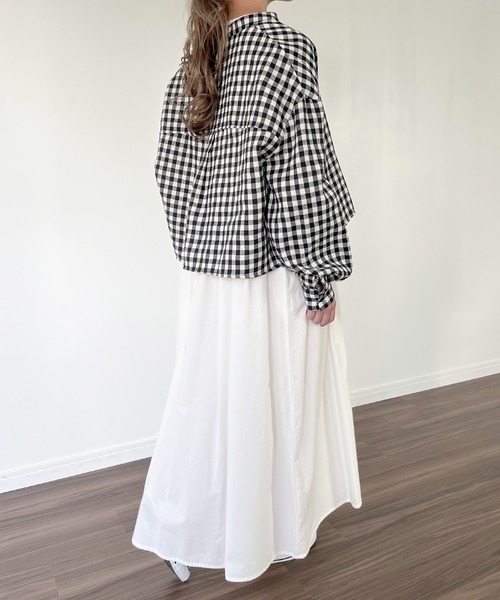 JUNOAH（ジュノア）の「スタンドカラーチェックショートシャツ（シャツ/ブラウス・レディース・グリーン/ブラウン系その他/ブラック/ブラウン・LARGE/SMALL/X-LARGE/MEDIUM）」の8枚目の写真