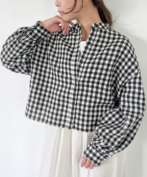 JUNOAH（ジュノア）の「スタンドカラーチェックショートシャツ（シャツ/ブラウス・レディース・グリーン/ブラウン系その他/ブラック/ブラウン・LARGE/SMALL/X-LARGE/MEDIUM）」の9枚目の写真