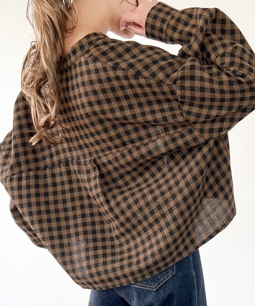 JUNOAH（ジュノア）の「スタンドカラーチェックショートシャツ（シャツ/ブラウス・レディース・グリーン/ブラウン系その他/ブラック/ブラウン・LARGE/SMALL/X-LARGE/MEDIUM）」の12枚目の写真