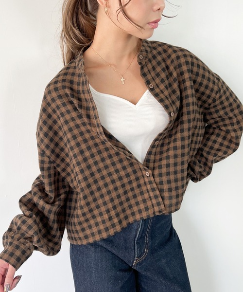 JUNOAH（ジュノア）の「スタンドカラーチェックショートシャツ（シャツ/ブラウス・レディース・グリーン/ブラウン系その他/ブラック/ブラウン・LARGE/SMALL/X-LARGE/MEDIUM）」の13枚目の写真