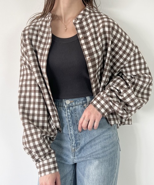 JUNOAH（ジュノア）の「スタンドカラーチェックショートシャツ（シャツ/ブラウス・レディース・グリーン/ブラウン系その他/ブラック/ブラウン・LARGE/SMALL/X-LARGE/MEDIUM）」の19枚目の写真