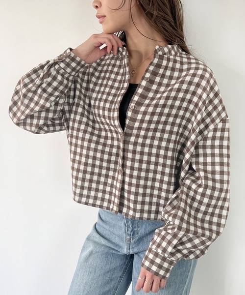 JUNOAH（ジュノア）の「スタンドカラーチェックショートシャツ（シャツ/ブラウス・レディース・グリーン/ブラウン系その他/ブラック/ブラウン・LARGE/SMALL/X-LARGE/MEDIUM）」の20枚目の写真