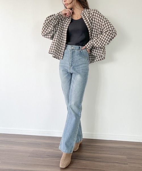 JUNOAH（ジュノア）の「スタンドカラーチェックショートシャツ（シャツ/ブラウス・レディース・グリーン/ブラウン系その他/ブラック/ブラウン・LARGE/SMALL/X-LARGE/MEDIUM）」の21枚目の写真