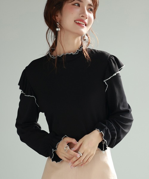 SAISON DE PAPILLON（セゾンドパピヨン）の「メロウフリルカットソープルオーバー（Tシャツ/カットソー・レディース・ホワイト/ブラック・S/M/L）」の2枚目の写真