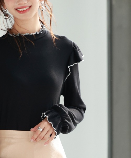 SAISON DE PAPILLON（セゾンドパピヨン）の「メロウフリルカットソープルオーバー（Tシャツ/カットソー・レディース・ホワイト/ブラック・S/M/L）」の14枚目の写真