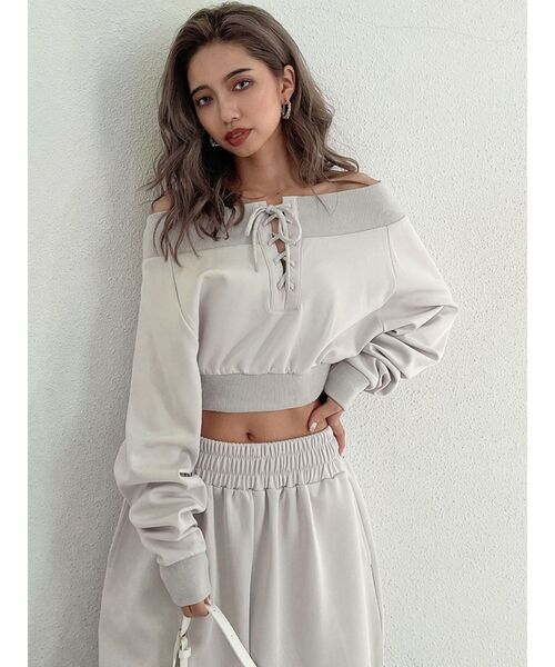 GYDA(ジェイダ)の「【セットアップ着用可】フロントレースアップ オフショルショートトップス(Tシャツ/カットソー・レディース・ブラック/アイボリー・FREE)」の5枚目の写真