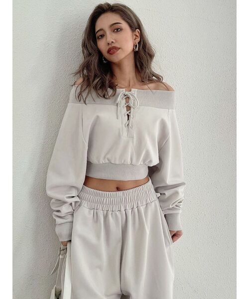 GYDA(ジェイダ)の「【セットアップ着用可】フロントレースアップ オフショルショートトップス(Tシャツ/カットソー・レディース・ブラック/アイボリー・FREE)」の6枚目の写真