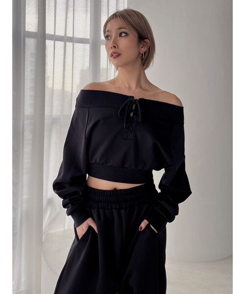 GYDA(ジェイダ)の「【セットアップ着用可】フロントレースアップ オフショルショートトップス(Tシャツ/カットソー・レディース・ブラック/アイボリー・FREE)」の18枚目の写真