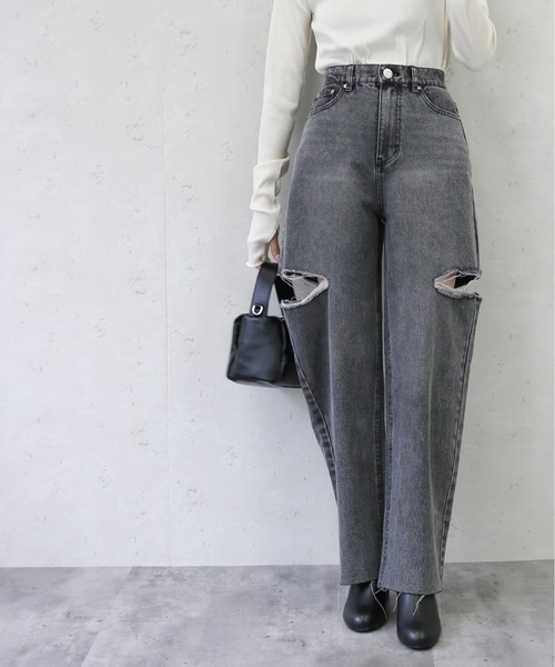 Per sist ence(パーシエンス)の「Per sist ence/パーシエンス 11ozデニムダメージカットスリットパンツ(デニムパンツ・レディース・ブラック/オフホワイト/ブルー・MEDIUM/SMALL)」の1枚目の写真