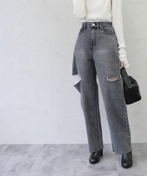 Per sist ence(パーシエンス)の「Per sist ence/パーシエンス 11ozデニムダメージカットスリットパンツ(デニムパンツ・レディース・ブラック/オフホワイト/ブルー・MEDIUM/SMALL)」の5枚目の写真