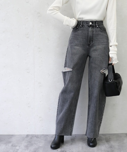 Per sist ence(パーシエンス)の「Per sist ence/パーシエンス 11ozデニムダメージカットスリットパンツ(デニムパンツ・レディース・ブラック/オフホワイト/ブルー・MEDIUM/SMALL)」の6枚目の写真