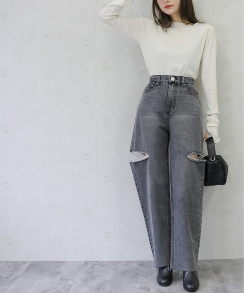 Per sist ence(パーシエンス)の「Per sist ence/パーシエンス 11ozデニムダメージカットスリットパンツ(デニムパンツ・レディース・ブラック/オフホワイト/ブルー・MEDIUM/SMALL)」の8枚目の写真