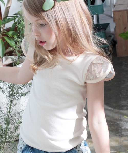 Rora(ローラ)の「リンゼイTシャツ / 半袖 リボン チュール(Tシャツ/カットソー・キッズ・クリーム・110/120/130/140/150)」の1枚目の写真