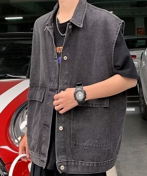 SEN TOKYO（セントーキョー）の「ユニセックスで着用可能。ルーズデニムジャケット（ベスト・メンズ・ブラック/ブルー・M/L）」の2枚目の写真