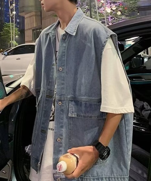 SEN TOKYO（セントーキョー）の「ユニセックスで着用可能。ルーズデニムジャケット（ベスト・メンズ・ブラック/ブルー・M/L）」の5枚目の写真