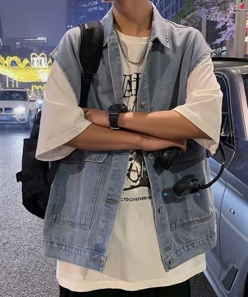 SEN TOKYO（セントーキョー）の「ユニセックスで着用可能。ルーズデニムジャケット（ベスト・メンズ・ブラック/ブルー・M/L）」の6枚目の写真