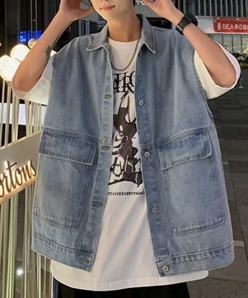 SEN TOKYO（セントーキョー）の「ユニセックスで着用可能。ルーズデニムジャケット（ベスト・メンズ・ブラック/ブルー・M/L）」の7枚目の写真