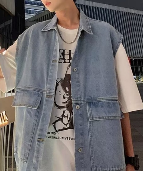 SEN TOKYO（セントーキョー）の「ユニセックスで着用可能。ルーズデニムジャケット（ベスト・メンズ・ブラック/ブルー・M/L）」の8枚目の写真