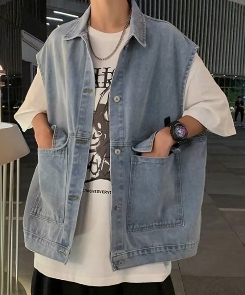 SEN TOKYO（セントーキョー）の「ユニセックスで着用可能。ルーズデニムジャケット（ベスト・メンズ・ブラック/ブルー・M/L）」の9枚目の写真