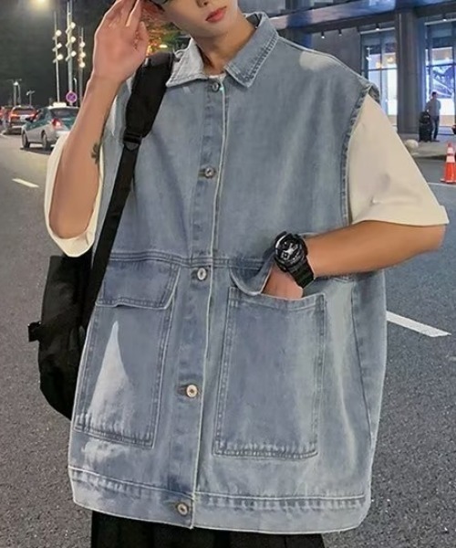 SEN TOKYO（セントーキョー）の「ユニセックスで着用可能。ルーズデニムジャケット（ベスト・メンズ・ブラック/ブルー・M/L）」の12枚目の写真