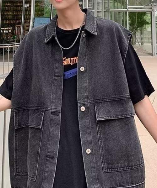 SEN TOKYO（セントーキョー）の「ユニセックスで着用可能。ルーズデニムジャケット（ベスト・メンズ・ブラック/ブルー・M/L）」の14枚目の写真