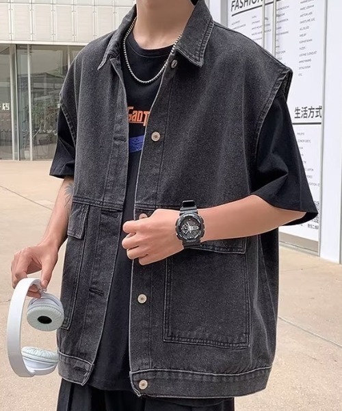 SEN TOKYO（セントーキョー）の「ユニセックスで着用可能。ルーズデニムジャケット（ベスト・メンズ・ブラック/ブルー・M/L）」の15枚目の写真