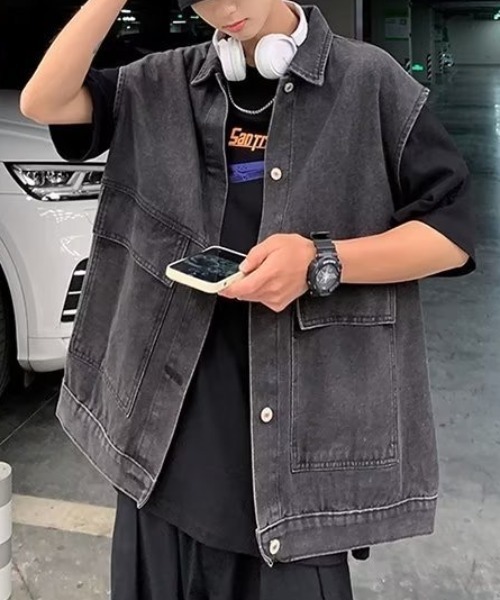 SEN TOKYO（セントーキョー）の「ユニセックスで着用可能。ルーズデニムジャケット（ベスト・メンズ・ブラック/ブルー・M/L）」の16枚目の写真