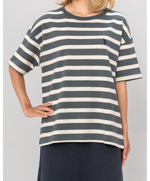 U.S. POLO ASSN.(ユーエスポロアッスン)の「日本製【U.S.POLO ASSN.】ユーエスポロ アッスン リサイクルコットンボーダーTシャツ PLL23208BD(Tシャツ/カットソー・レディース・ベージュ系/ブラック系/グリーン系・M/L/LL)」の3枚目の写真