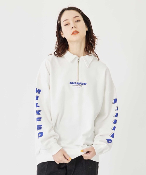MILKFED.(ミルクフェド)の「SLEEVE LOGO HALF ZIP SWEATSHIRT(スウェット・レディース・ホワイト/グリーン/ブラック・ONE SIZE)」の4枚目の写真