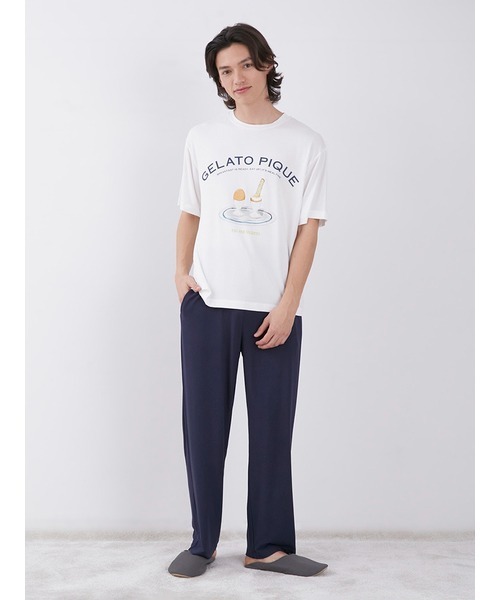 gelato pique（ジェラートピケ）の「【HOMME】 エッグアンドソルジャーズレーヨンロゴTシャツ（ルームウェア/パジャマ・メンズ・オフホワイト/ネイビー・MEDIUM/LARGE）」の5枚目の写真