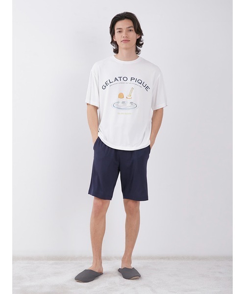 gelato pique（ジェラートピケ）の「【HOMME】 エッグアンドソルジャーズレーヨンロゴTシャツ（ルームウェア/パジャマ・メンズ・オフホワイト/ネイビー・MEDIUM/LARGE）」の7枚目の写真