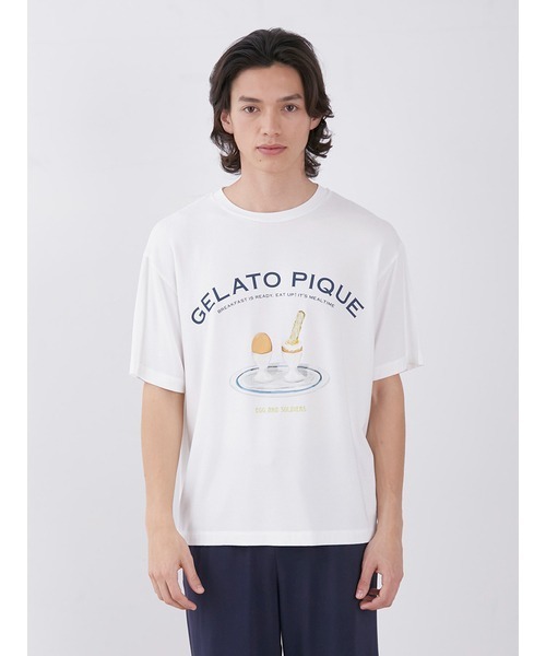 gelato pique（ジェラートピケ）の「【HOMME】 エッグアンドソルジャーズレーヨンロゴTシャツ（ルームウェア/パジャマ・メンズ・オフホワイト/ネイビー・MEDIUM/LARGE）」の8枚目の写真