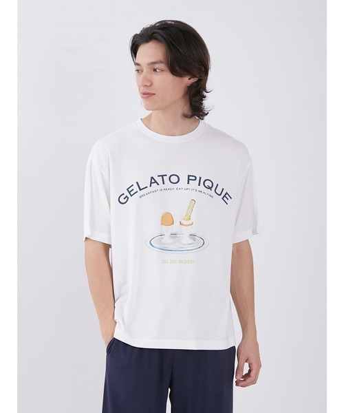 gelato pique（ジェラートピケ）の「【HOMME】 エッグアンドソルジャーズレーヨンロゴTシャツ（ルームウェア/パジャマ・メンズ・オフホワイト/ネイビー・MEDIUM/LARGE）」の9枚目の写真